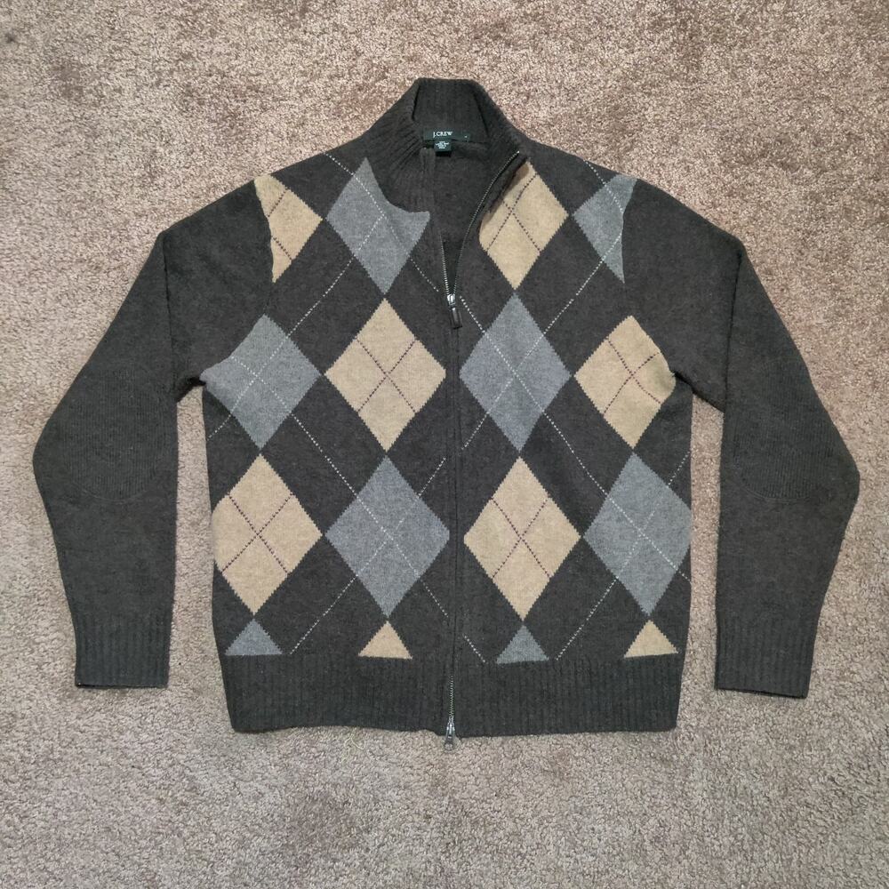 J. Crew Men's L 100% Lambs Wool Diamond Brown Full Zip Sweater Jacket‎